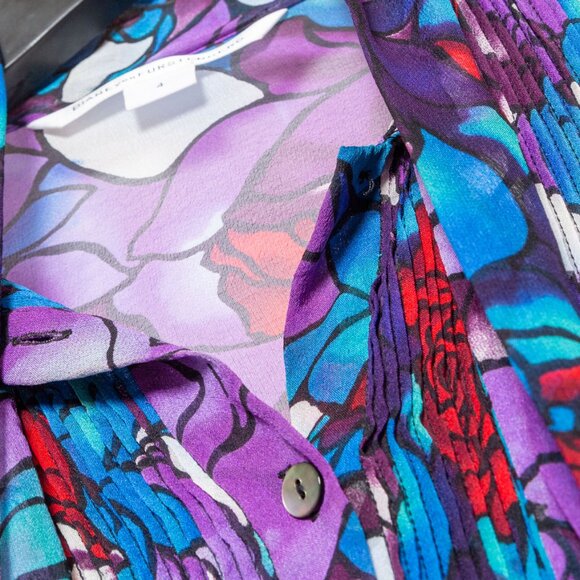 🌹 Diane von Furstenberg Stained Glass Floral Rose Silk Blouse - Purple Blue Red - Picture 13 of 13